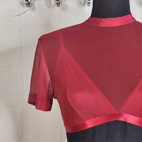 Avidlove Red Mesh Sheer High Neck SS Poly Span Crop Top with Built in Bra Size M - Picture 3 of 16